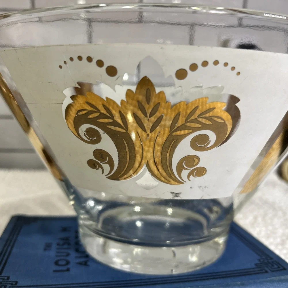 1950's Anchor Hocking Fleur De Lis Glass Serving Bowl 22k Gold Leaf MCM